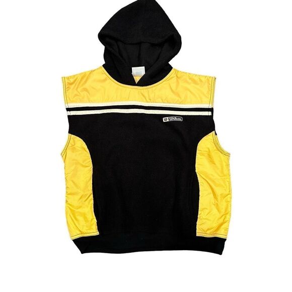 Vtg Wilson Fleece Hooded Best Nylon Yellow Black Colorblock Sz Large Pullover - Picture 2 of 10